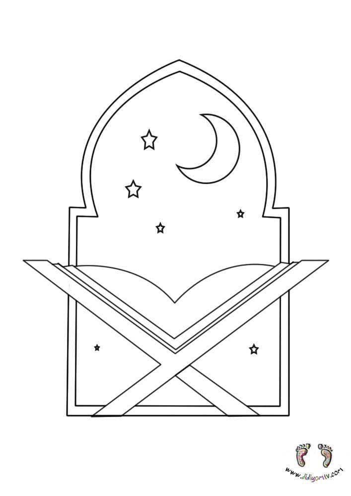 Coloriage d’un Coran ouvert lors d’une nuit de Ramadan à imprimer pour enfant