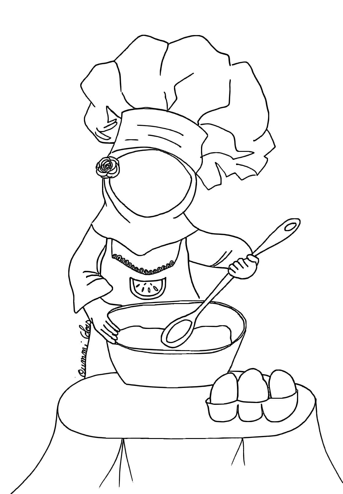 Coloriage d’une maman voilée qui cuisine, sans visage à imprimer pour enfant