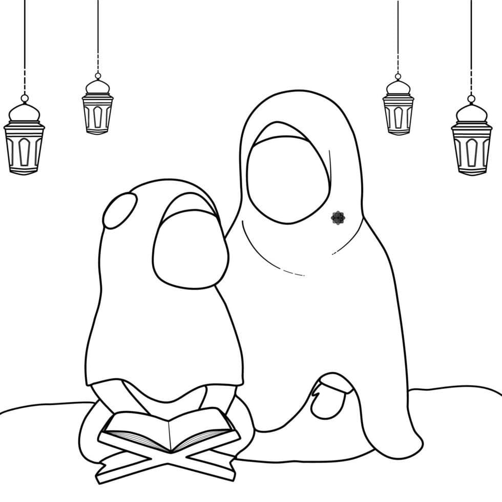 Coloriage d’une maman et son enfant lisant le Coran, sans visage à imprimer pour enfant