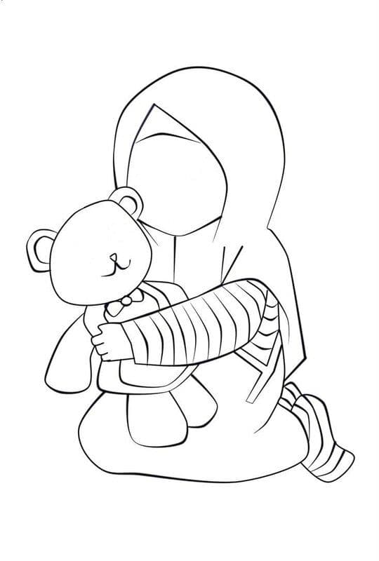 Coloriage d’une petite fille voilée avec son doudou, sans visage à imprimer pour enfant