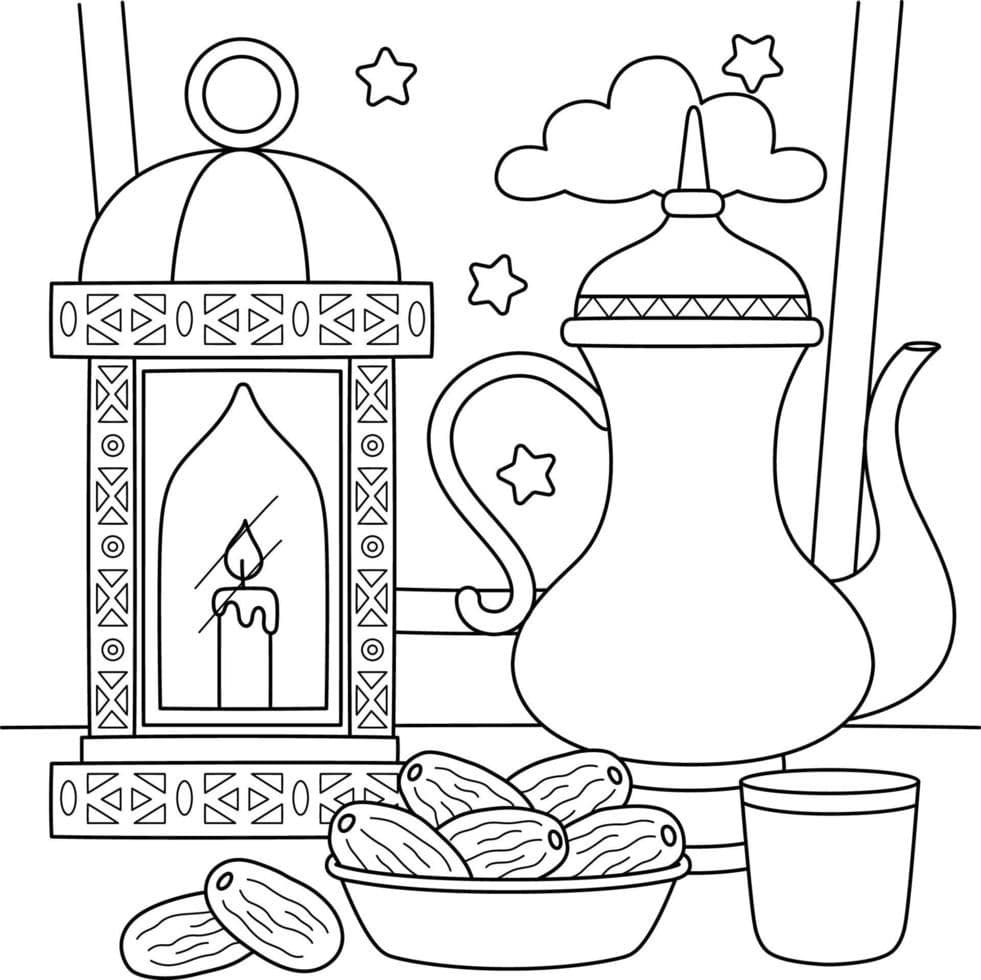 Coloriage d’une théière et de dattes pour le Ramadan à imprimer pour enfant