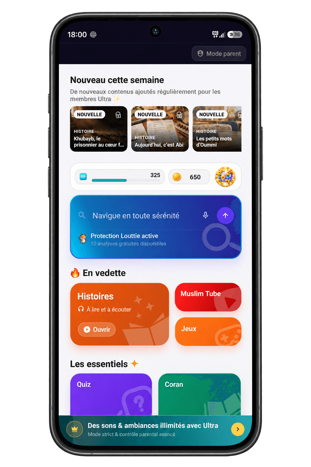 Accueil de l'Espace Enfant avec ses activités Coran, quiz, histoires et jeux